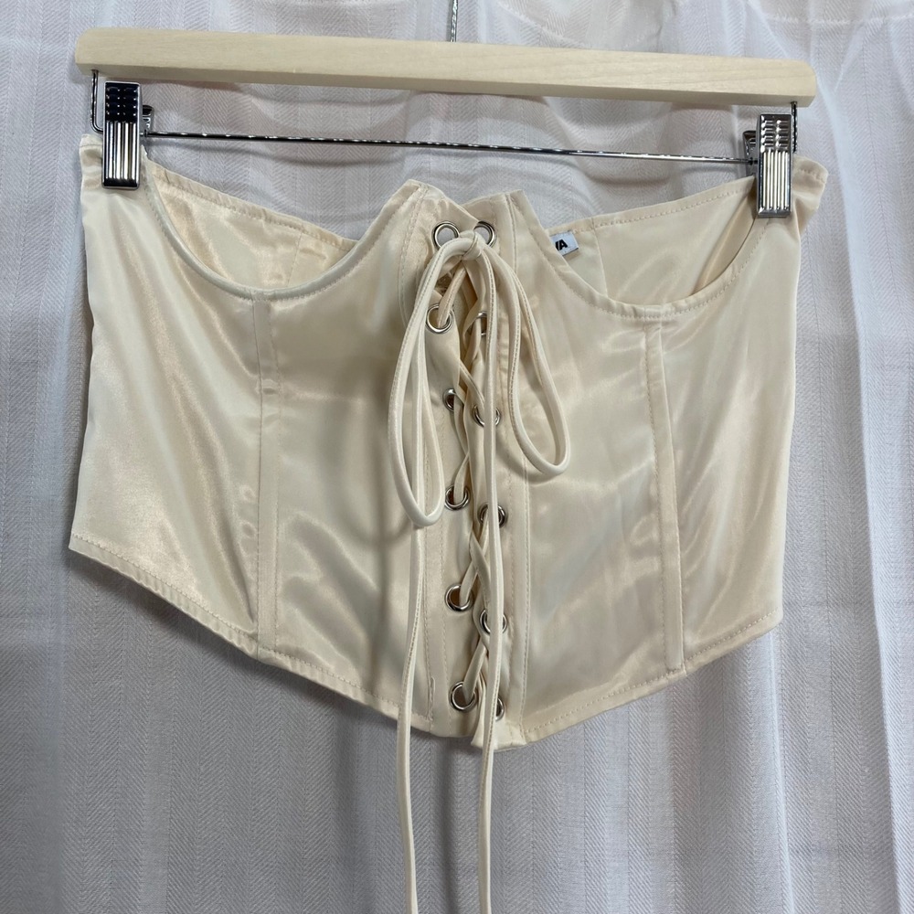 Corset Top Cream Lace Up Zipper Front Boned‎ Style M Coquette Club Fshion Nova